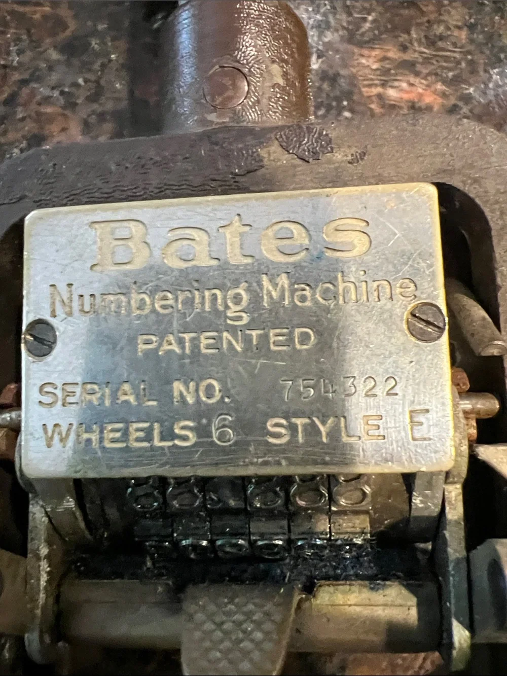 Bates Hand Numbering Machine in Brown and Brass Tones vintage.